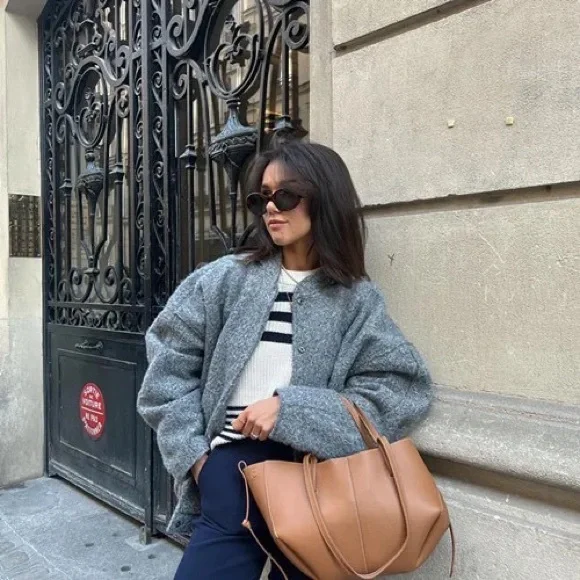 #103 LAST 1! Grey Bomber Jacket Cropped Fitted Coat button down with pockets - Picture 6 of 13